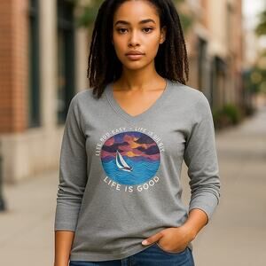 LIFE IS GOOD Long Sleeve Gray Pullover Crusher Tee Shirt ~ Women's Top Size MED